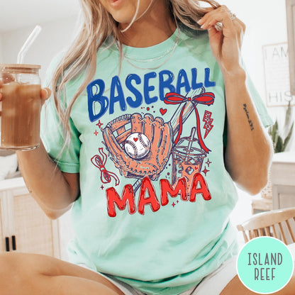 Comfort Colors tee in Island Reef featuring baseball graphic with glove, iced coffee, and red bows