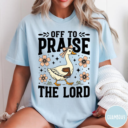 Comfort Colors tee in Chambray featuring retro style graphic of a goose wearing a bow holding a book
