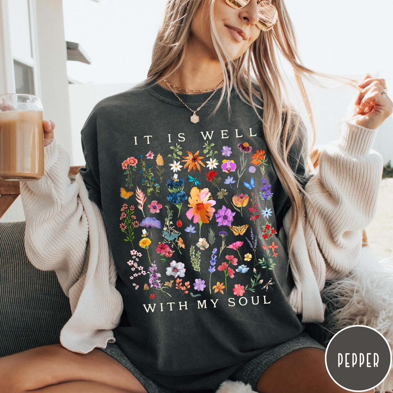 Comfort Colors tee in Pepper featuring wildflower bouquet graphic and It Is Well With My Soul text