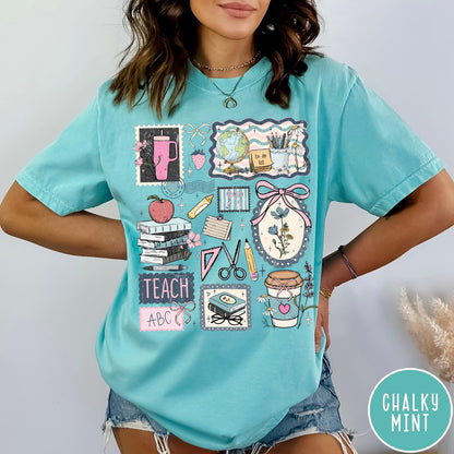 Comfort Colors tee in Chalky Mint featuring collage style graphic with school supplies, books, and teacher life elements