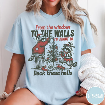 Comfort Colors tee in Chambray featuring vintage style graphic of two raccoons decorating a Christmas tree with trash