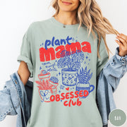 Comfort Colors tee in Bay featuring retro style graphic with potted plants and Plant Mama Obsessed Club text