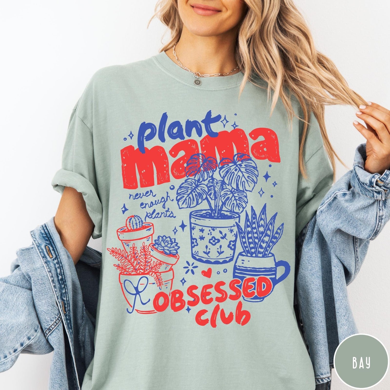 Comfort Colors tee in Bay featuring retro style graphic with potted plants and Plant Mama Obsessed Club text