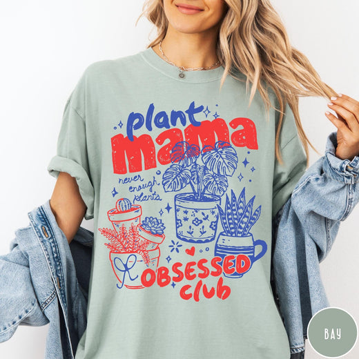Comfort Colors tee in Bay featuring retro style graphic with potted plants and Plant Mama Obsessed Club text