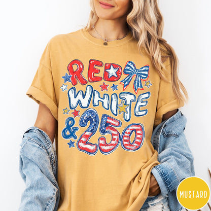 Comfort Colors tee in Mustard featuring patriotic 250th anniversary graphic with red white and blue stars