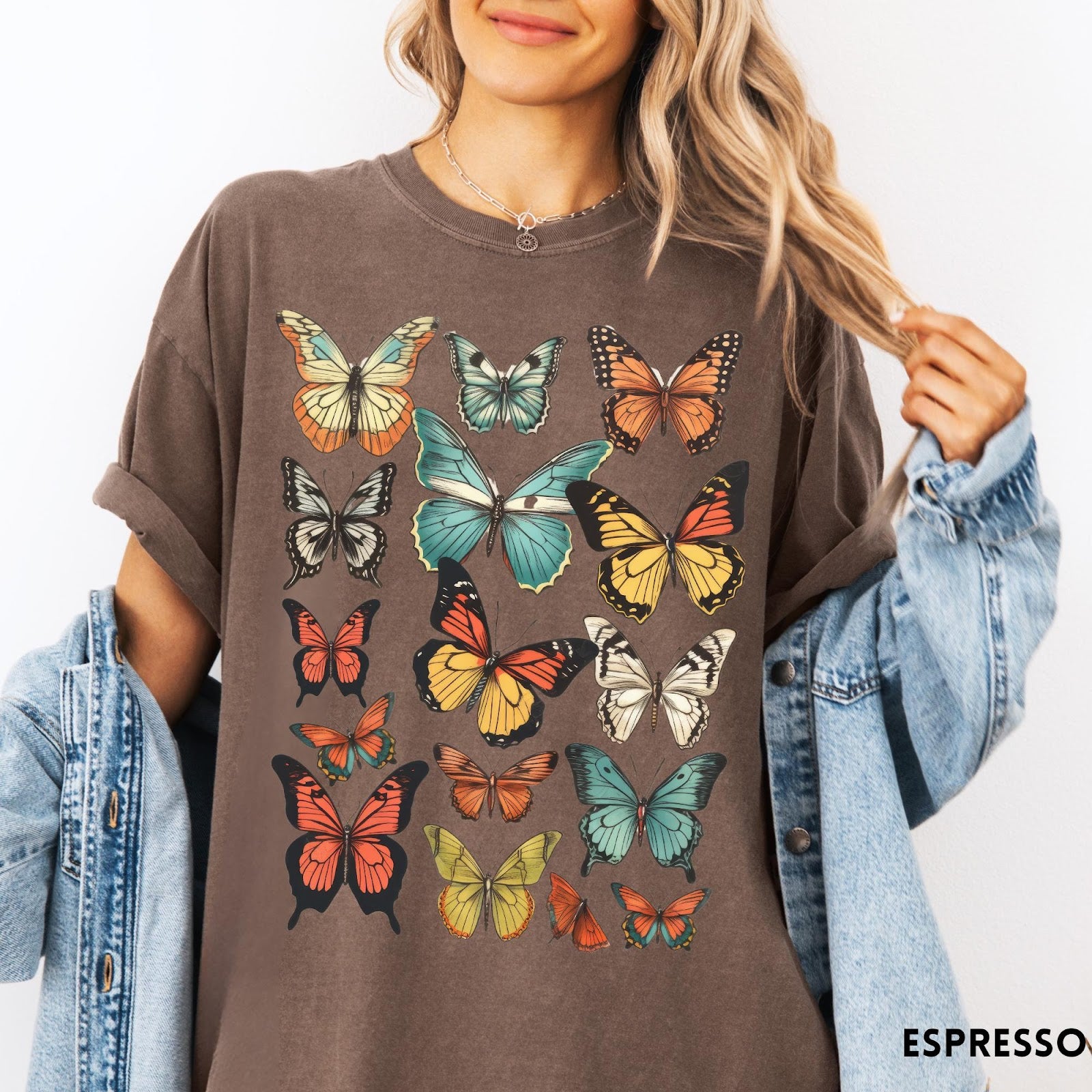 Comfort Colors tee in Espresso featuring butterfly collection design with various colorful butterfly illustrations in a grid