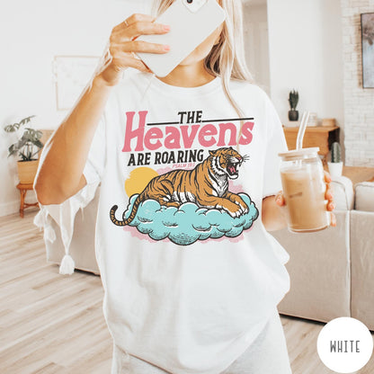 Comfort Colors tee in White featuring vintage style graphic of a roaring tiger on a cloud