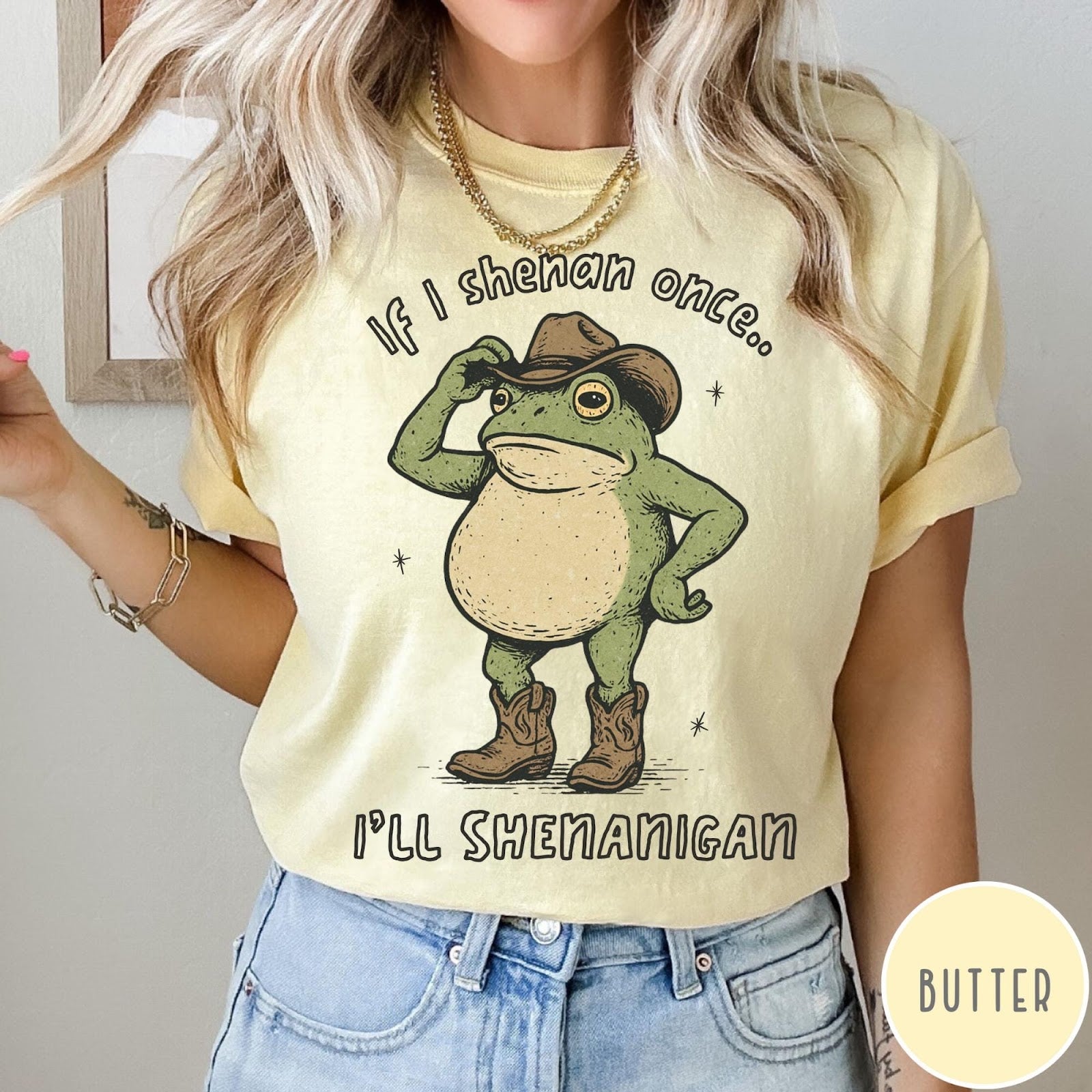 Comfort Colors tee in Butter featuring western graphic of a frog wearing a cowboy hat and boots