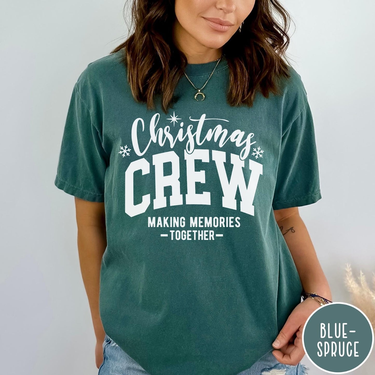 Comfort Colors tee in Blue Spruce featuring Christmas family gathering graphic with text Christmas Crew Making Memories Together