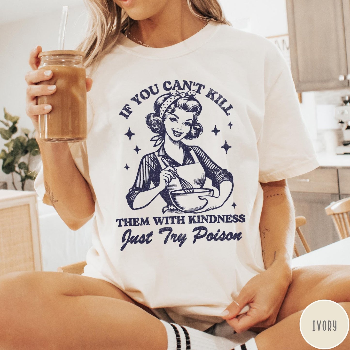 Comfort Colors tee in Ivory featuring retro housewife design with a woman whisking a bowl and text