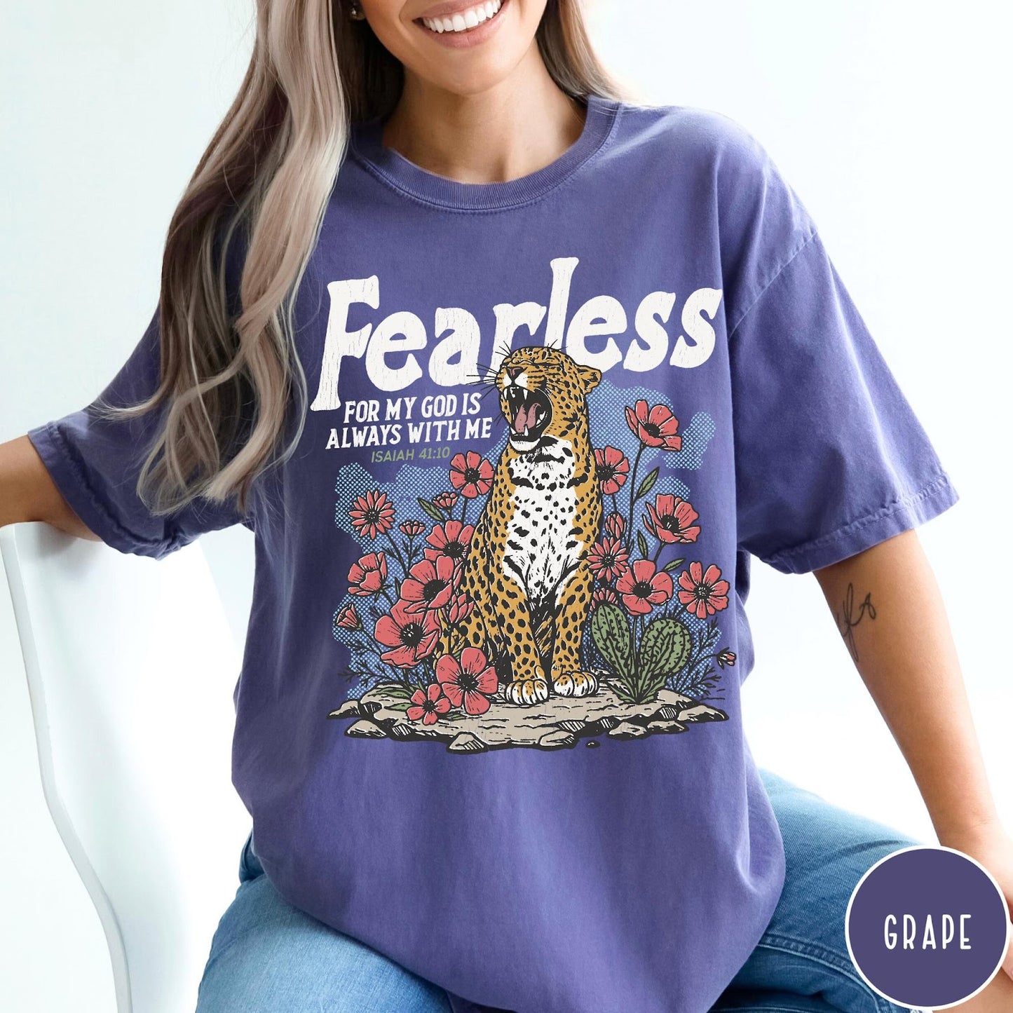 Comfort Colors tee in Grape featuring vintage style leopard and flower graphic with Bible verse Isaiah 41:10