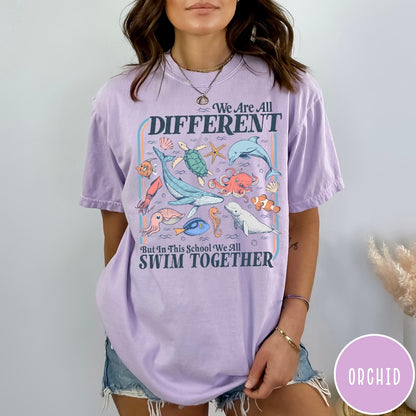 Comfort Colors tee in Orchid featuring vintage style graphic with ocean animals including a whale and octopus