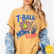 Comfort Colors tee in Mustard featuring screen printed T-Ball Moms Club graphic with baseball glove and drink