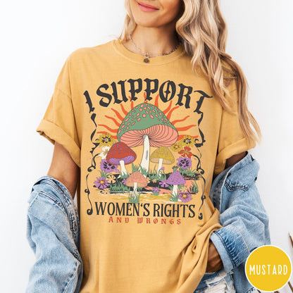 Comfort Colors tee in Mustard featuring retro graphic design with colorful mushrooms, flowers, and sun illustration