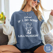 Comfort Colors tee in Blue Jean featuring western style graphic of a frog wearing a cowboy hat and boots