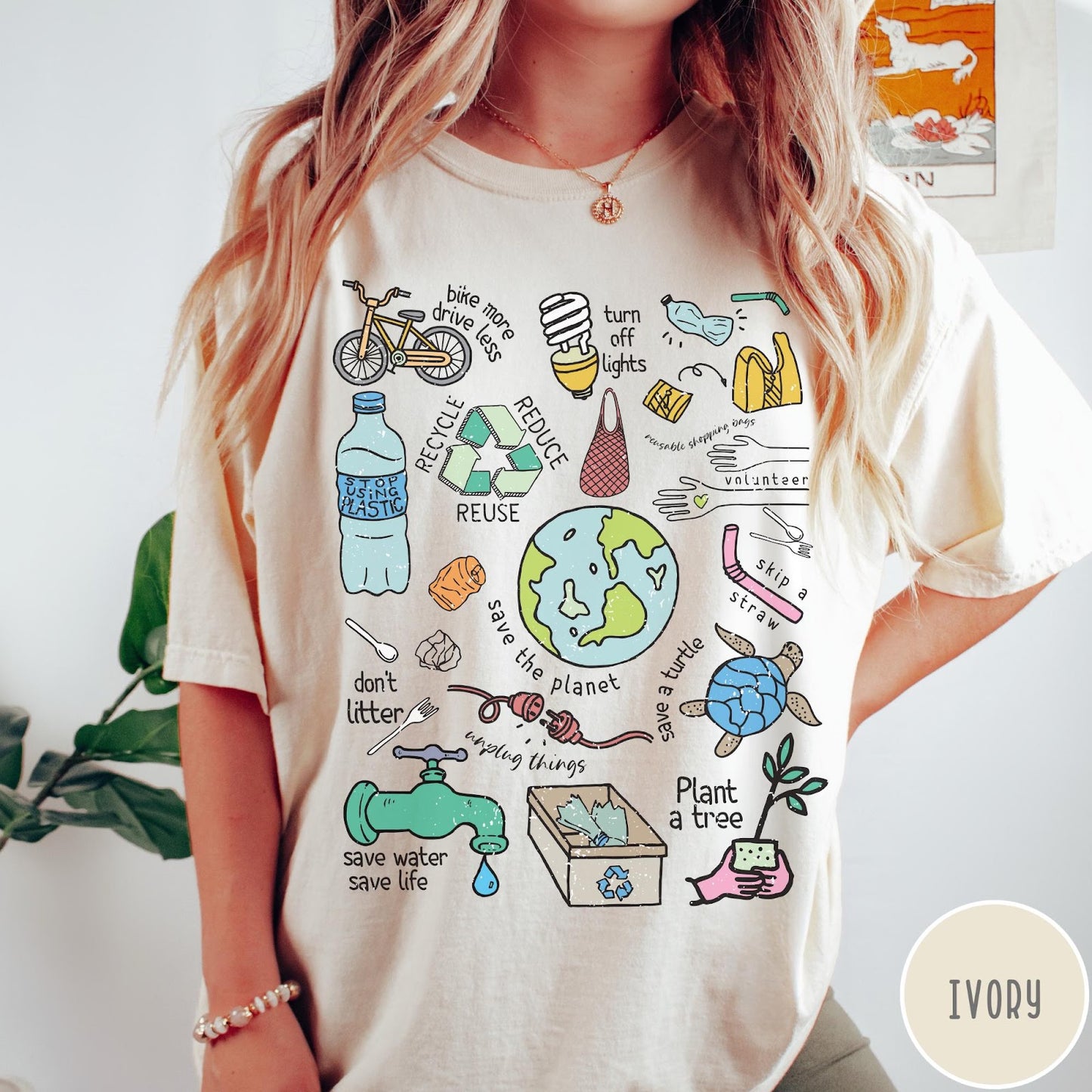 Comfort Colors tee in Ivory featuring environmental awareness graphic with icons for recycling, saving water, and nature.