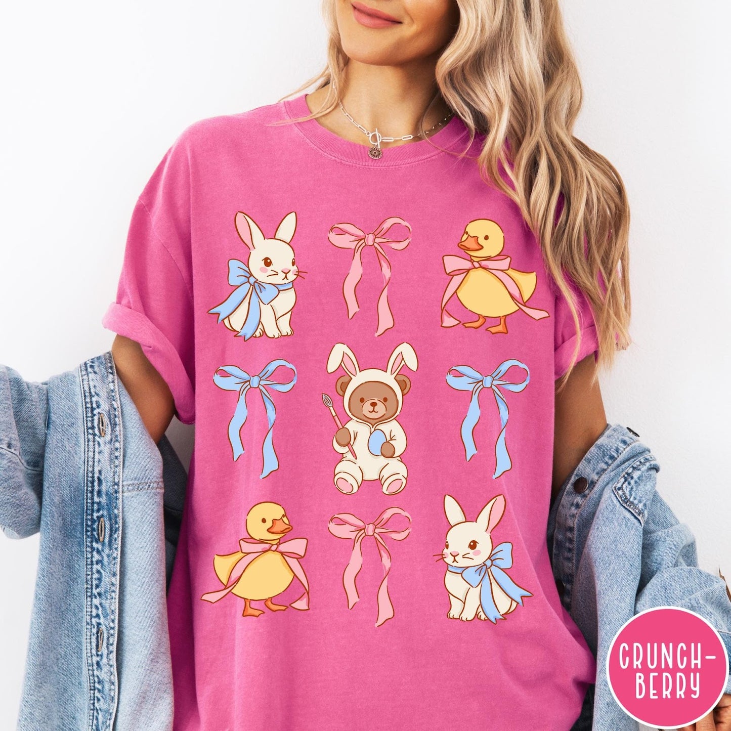 Comfort Colors tee in Crunchberry featuring vintage graphic style with Easter bunnies, ducks, and pink blue bows
