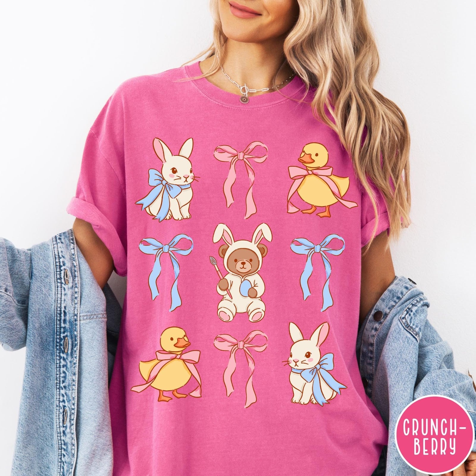 Comfort Colors tee in Crunchberry featuring vintage graphic style with Easter bunnies, ducks, and pink blue bows
