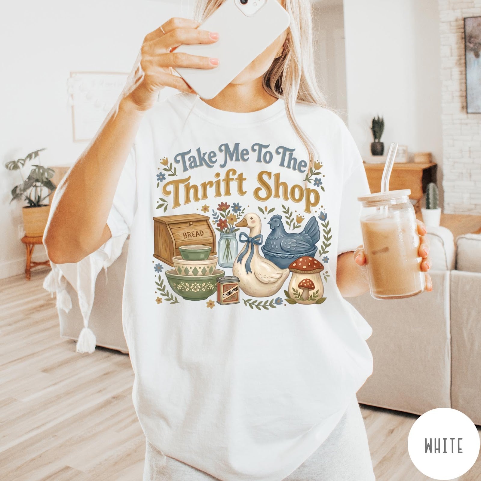 Comfort Colors tee in White featuring vintage kitchenware graphic with a duck, bread box, and mushrooms.