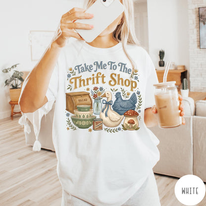 Comfort Colors tee in White featuring vintage kitchenware graphic with a duck, bread box, and mushrooms.