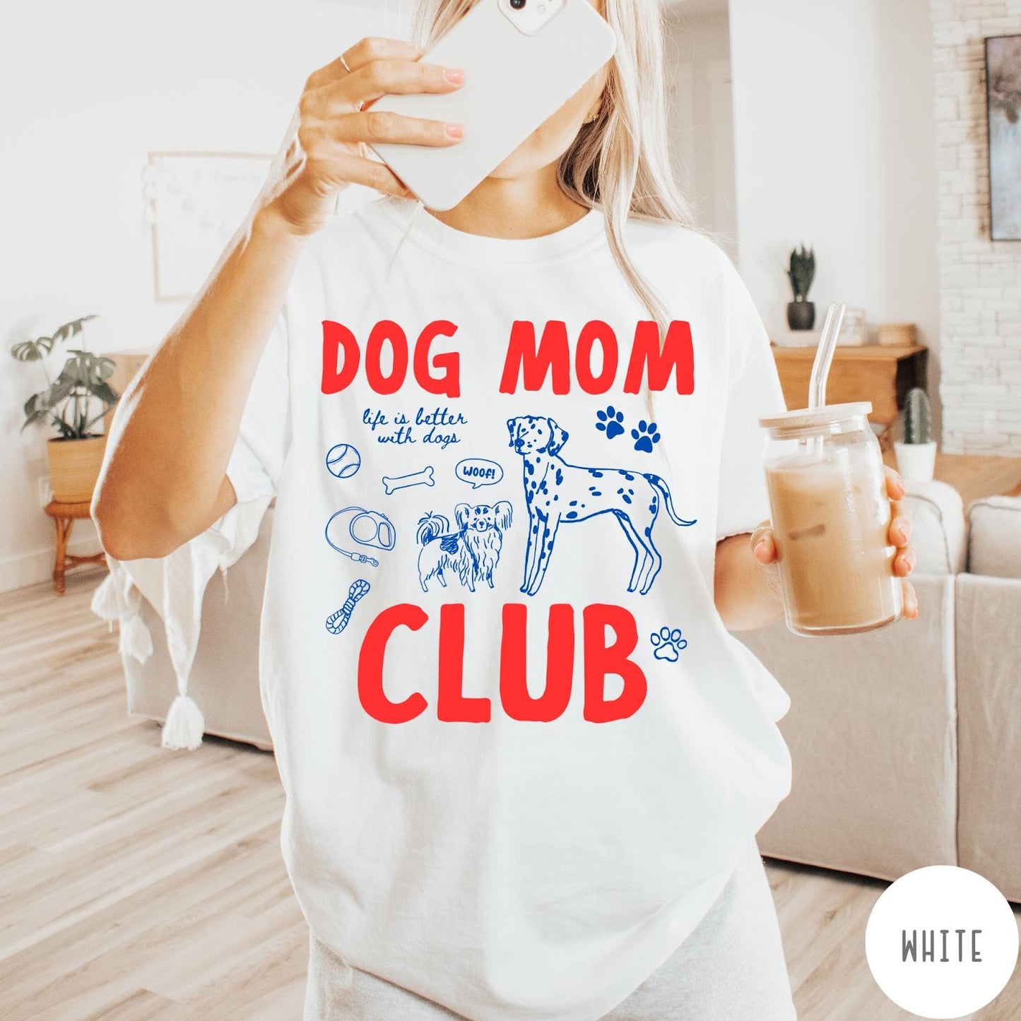 Comfort Colors tee in White featuring playful dog-themed graphic with Dalmatian and text Dog Mom Club
