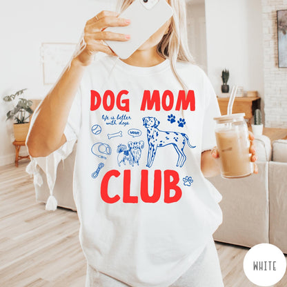Comfort Colors tee in White featuring playful dog-themed graphic with Dalmatian and text Dog Mom Club