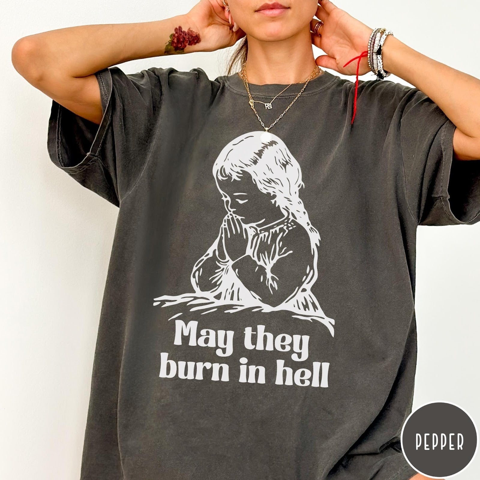Comfort Colors tee in Pepper featuring vintage style graphic of a child praying with text below