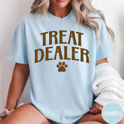 Comfort Colors tee in Chambray featuring dog owner design with Treat Dealer text and a paw print