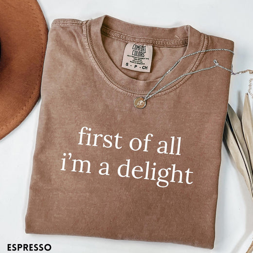 Comfort Colors tee in Espresso featuring typography graphic reading first of all i'm a delight in white