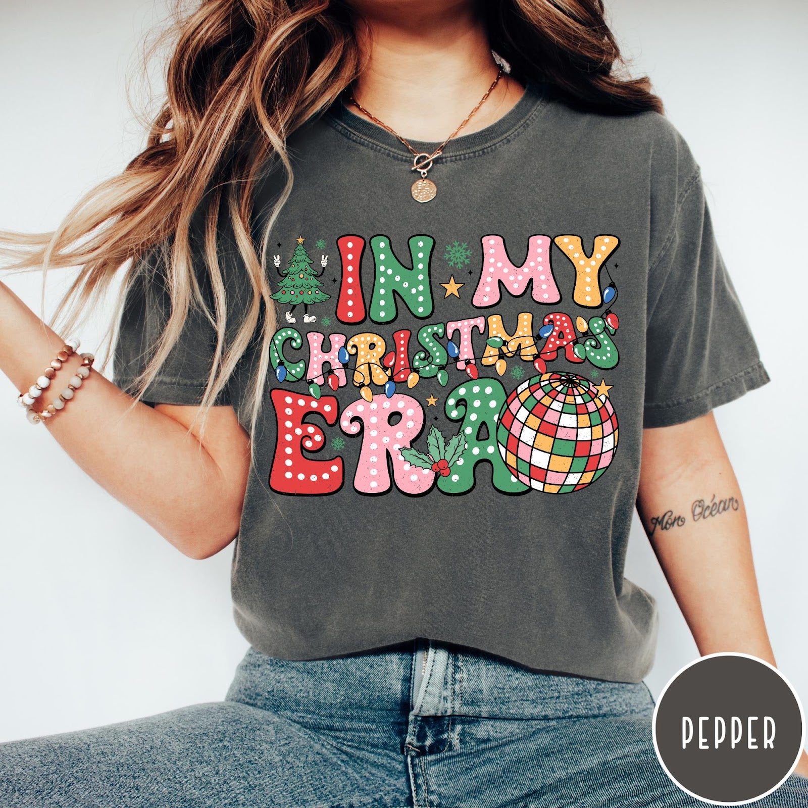 Comfort Colors tee in Pepper featuring Christmas disco style graphic with festive tree and colorful disco ball
