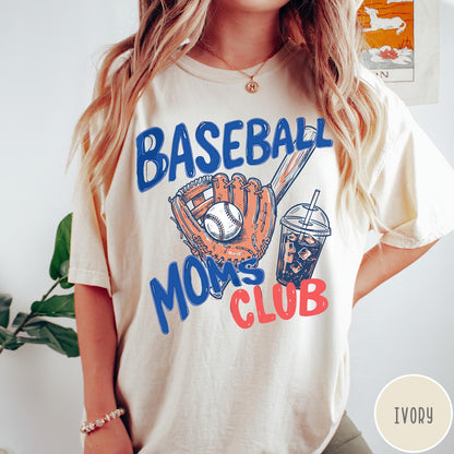 Comfort Colors tee in Ivory featuring baseball mom graphic with a glove, ball, bat, and iced coffee