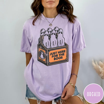 Comfort Colors tee in Orchid featuring vintage style graphic of ghosts in a milk carton crate