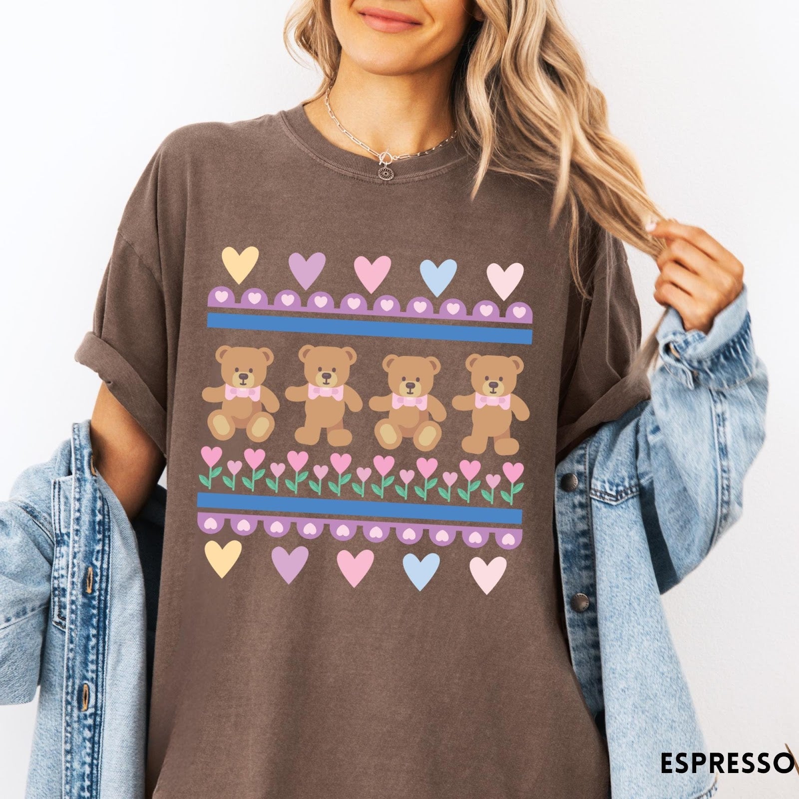 Comfort Colors tee in Espresso featuring vintage teddy bear pattern with hearts and pink bow tie bears