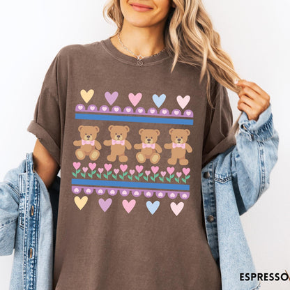 Comfort Colors tee in Espresso featuring vintage teddy bear pattern with hearts and pink bow tie bears