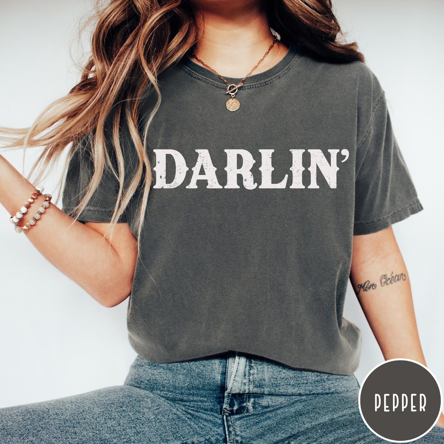 Comfort Colors tee in Pepper featuring western typography with the word Darlin' in a distressed white font