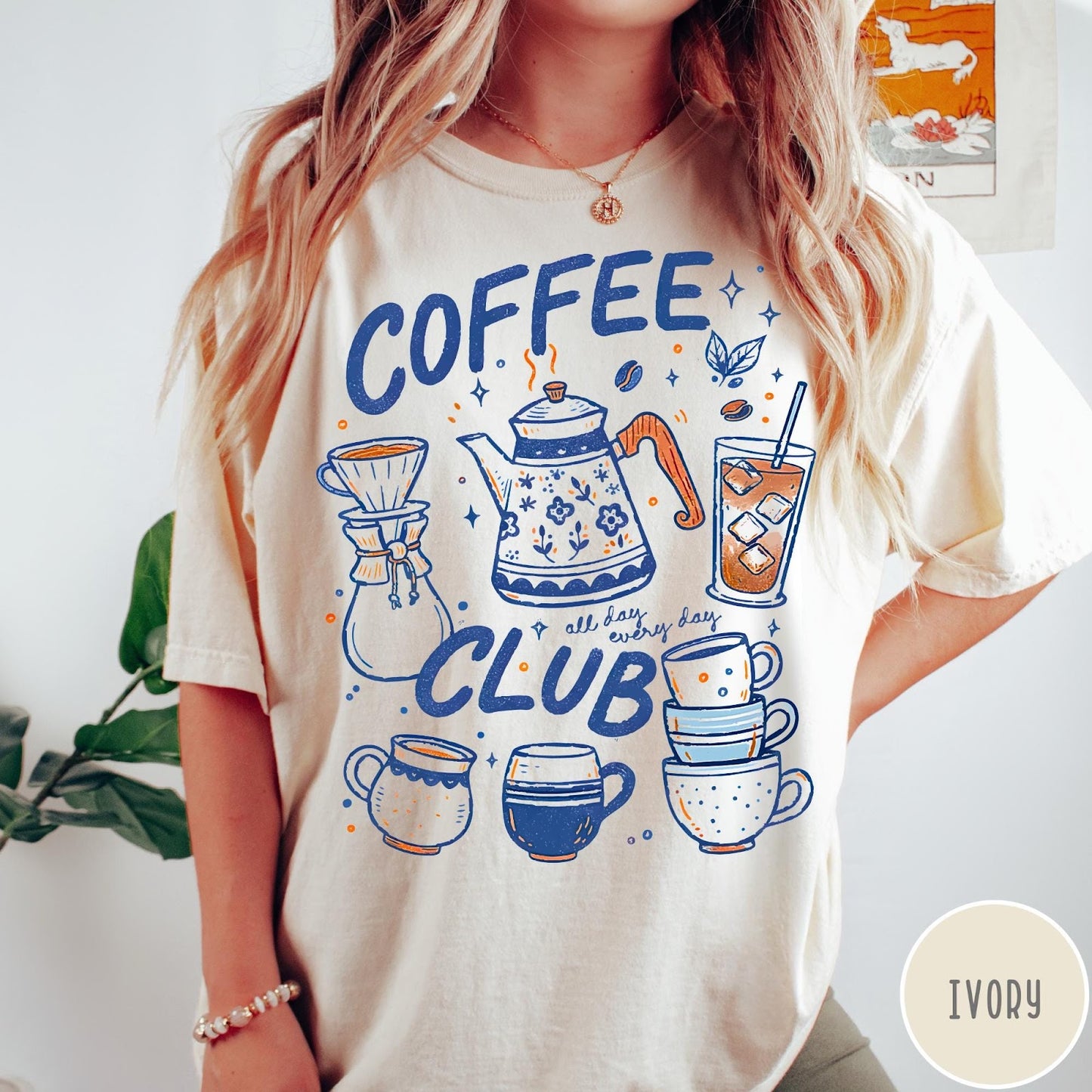 Comfort Colors tee in Ivory featuring retro graphic design with coffee pots, mugs, and iced coffee