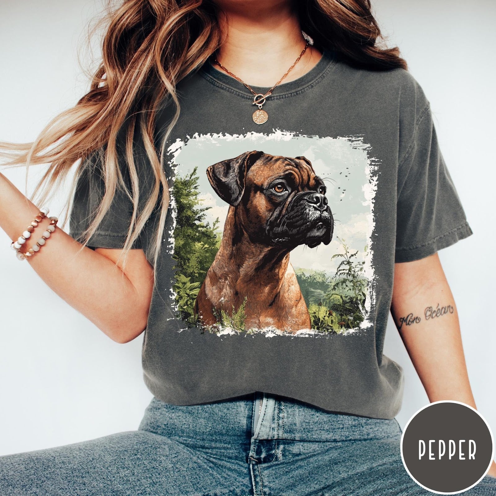 Comfort Colors tee in Pepper featuring vintage style graphic of a detailed Boxer dog portrait