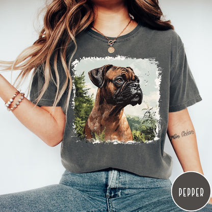 Comfort Colors tee in Pepper featuring vintage style graphic of a detailed Boxer dog portrait