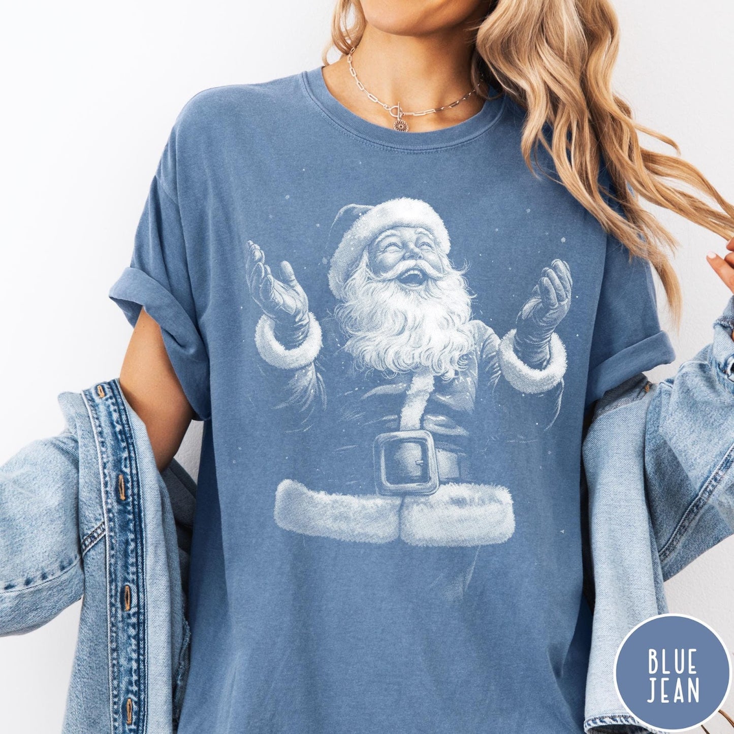 Comfort Colors tee in Blue Jean featuring vintage style graphic of a laughing Santa Claus with open arms