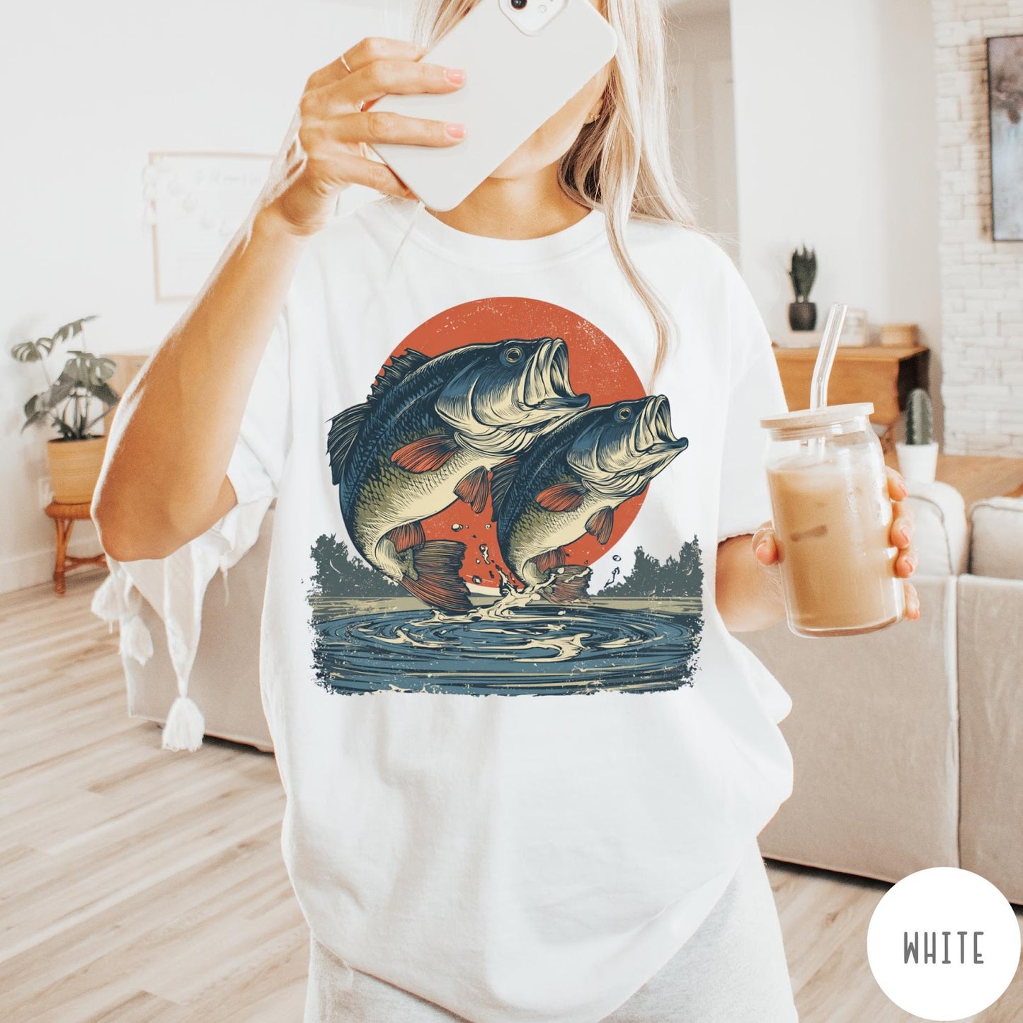 Comfort Colors tee in White featuring vintage style graphic of two bass fish jumping out of water