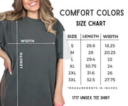 Comfort Colors tee size chart showing length and width measurements for sizes small through three extra large