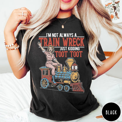 Comfort Colors tee in Black featuring vintage style pin-up woman sitting on a steam train graphic