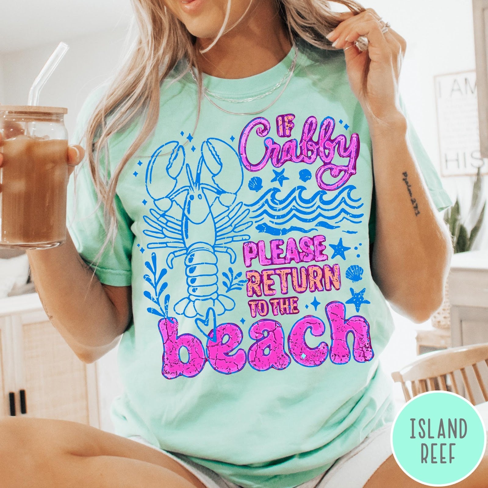 Comfort Colors tee in Island Reef featuring beach style graphic with lobster and If Crabby text