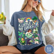 Comfort Colors tee in Blue Jean featuring St. Patrick's Day collage with vintage characters and lucky symbols
