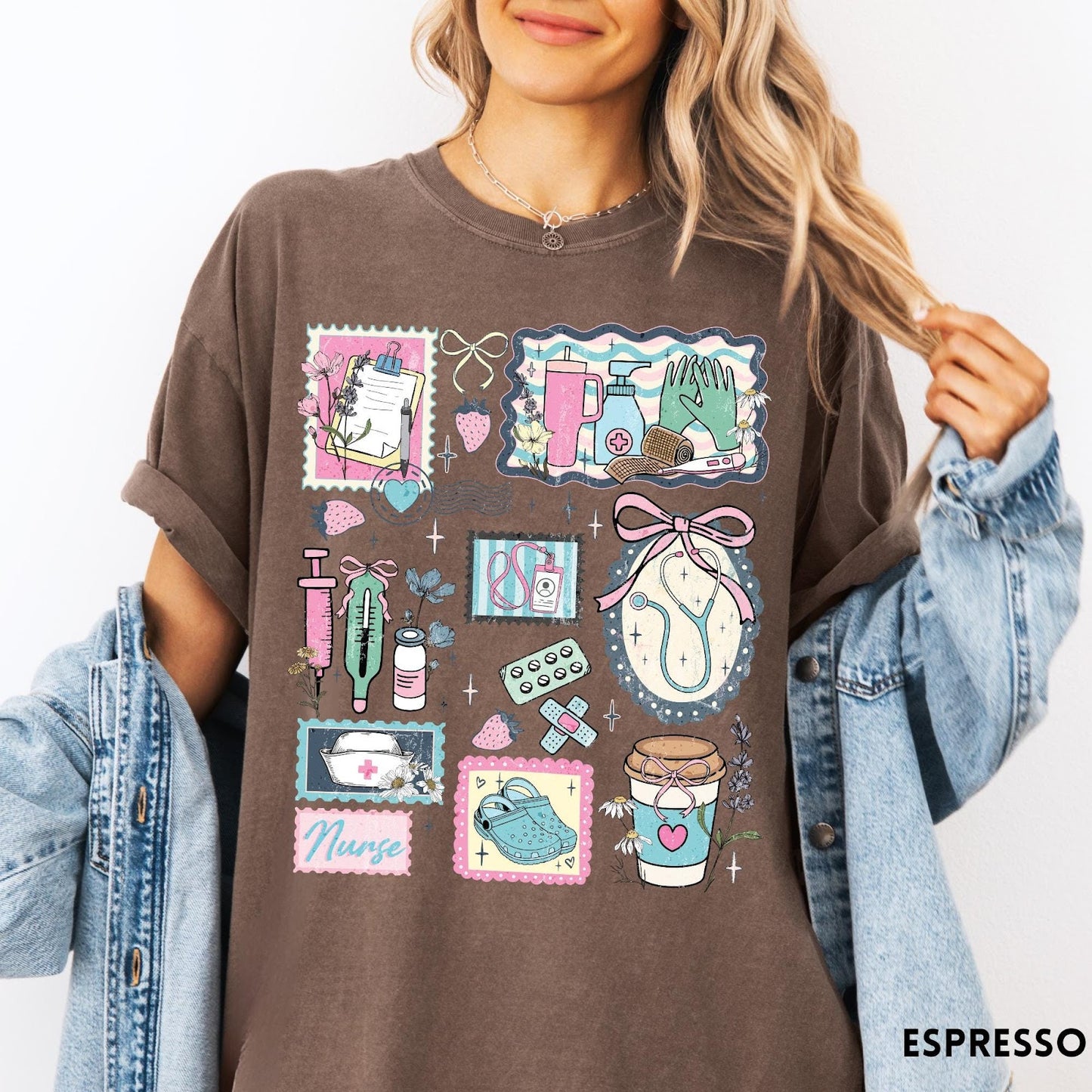 Comfort Colors tee in Espresso featuring nursing profession collage design with medical supplies and floral accents