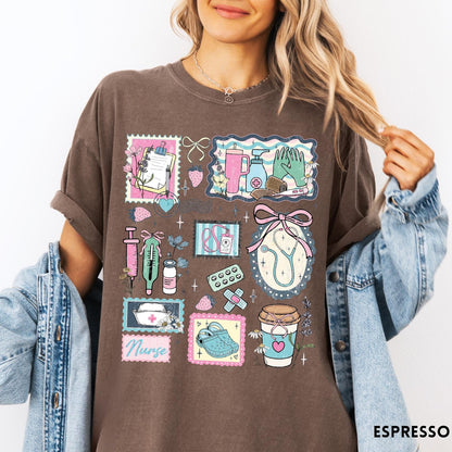 Comfort Colors tee in Espresso featuring nursing profession collage design with medical supplies and floral accents