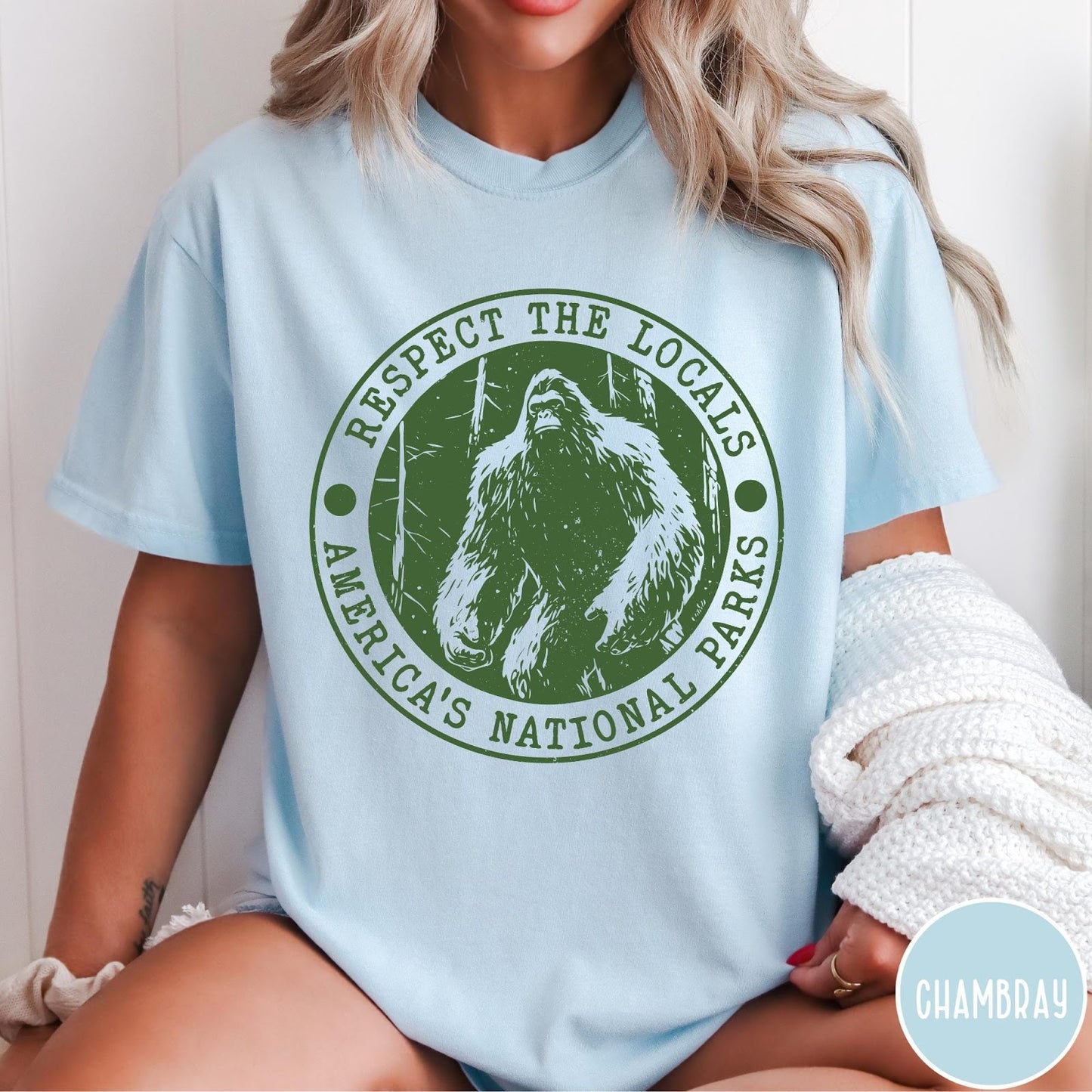 Comfort Colors tee in Chambray featuring circular graphic design with Bigfoot and Respect the Locals text