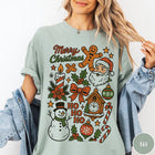 Comfort Colors tee in Bay featuring retro holiday design with Christmas icons like Santa and a snowman