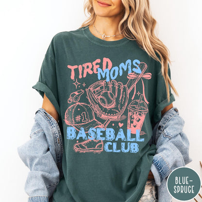 Comfort Colors tee in Blue Spruce featuring baseball mom life graphic with glove, ball, and iced coffee