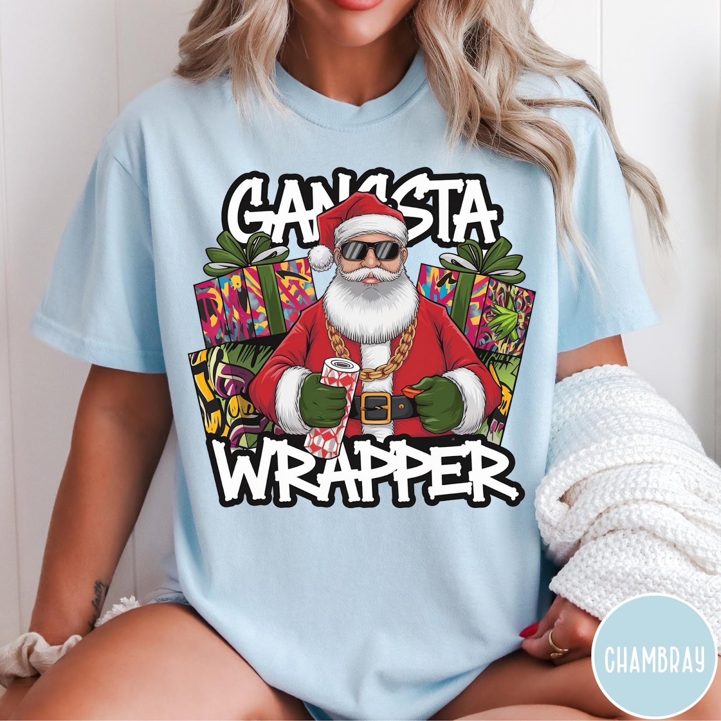 Comfort Colors tee in Chambray featuring graphic Santa Claus wearing sunglasses and gold chain, Gangsta Wrapper text